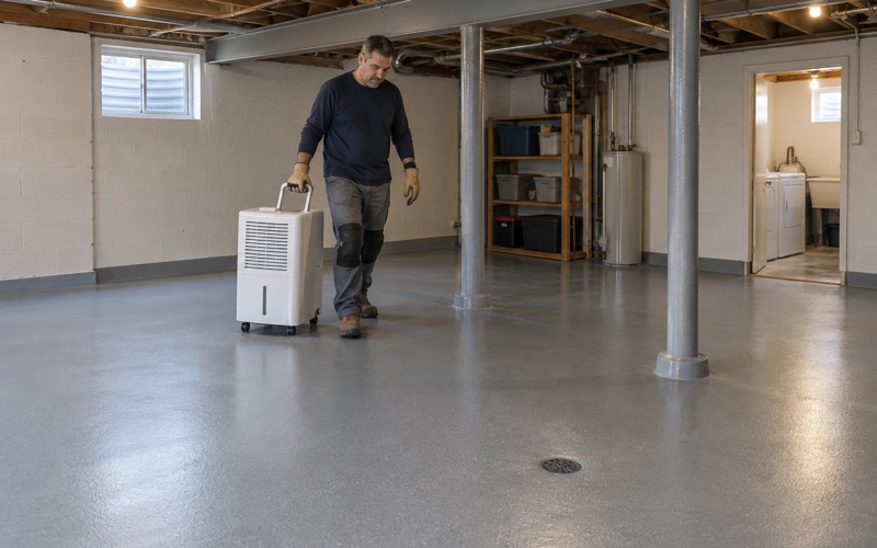 A dehumidifier wheeled back into place on a new epoxy floor in the basement of a New Berlin ranch house.