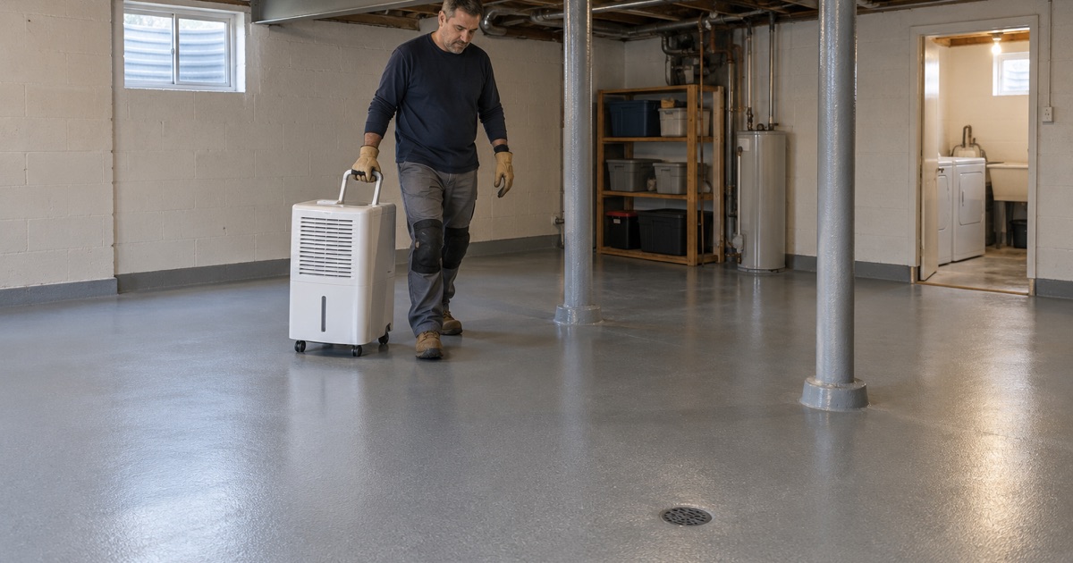 A dehumidifier wheeled back into place on a new epoxy floor in the basement of a New Berlin ranch house.