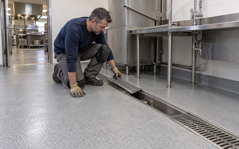 A trench drain grate lifted from the seamless urethane cement floor of a New Berlin restaurant's dish room.