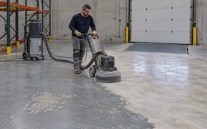 A planetary grinder stripping a failed coating back to clean concrete in a New Berlin business park warehouse.