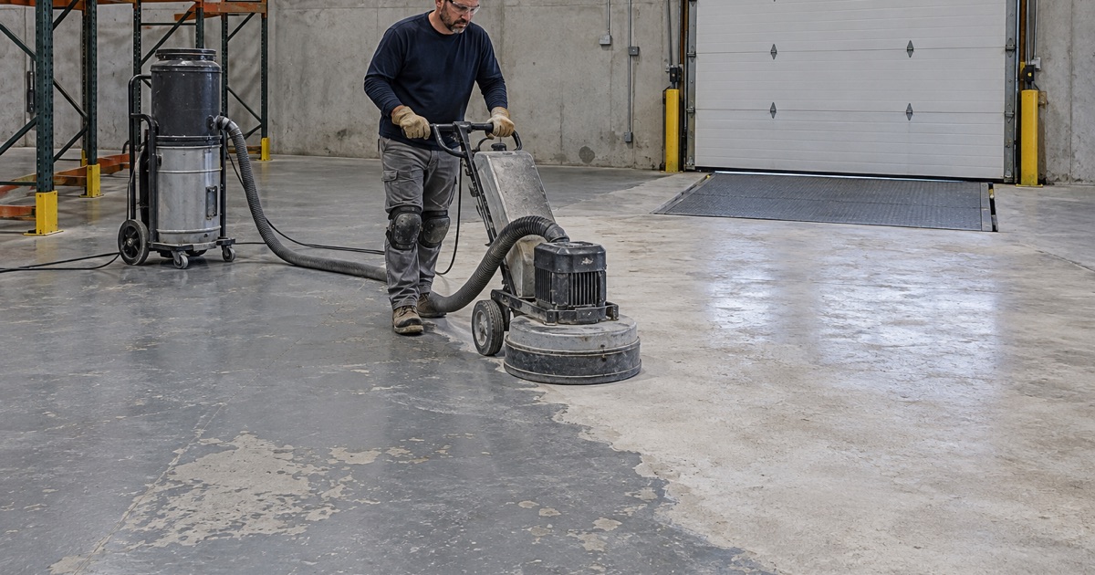 A planetary grinder stripping a failed coating back to clean concrete in a New Berlin business park warehouse.
