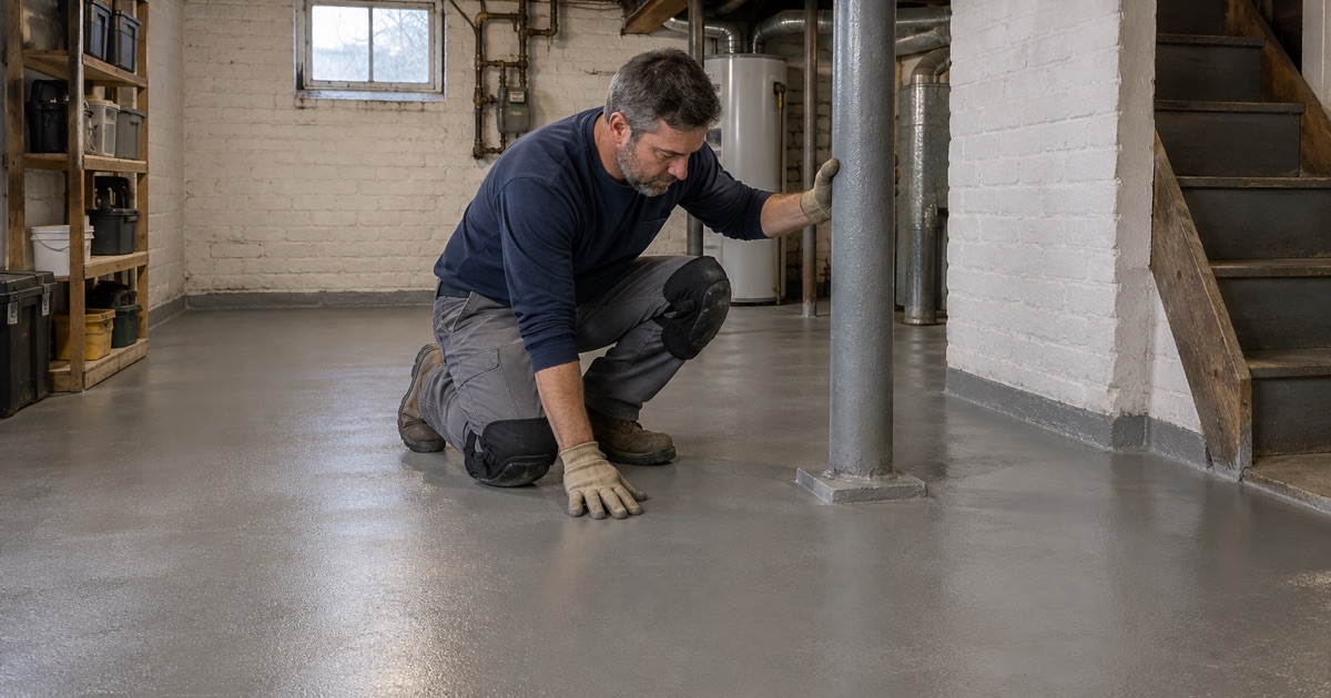 A newly coated basement floor in an 1890s worker’s cottage in Milwaukee’s Bay View Historic District.
