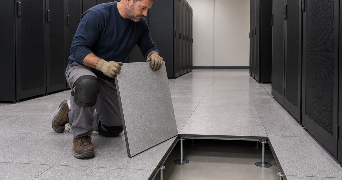 An access floor panel lifted in a Brookfield data hall to show the sealed concrete slab and pedestals underneath.