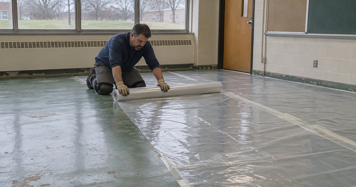 Heavy plastic sheeting rolled out across an old painted classroom floor in a Brown Deer school before any paint is disturbed.