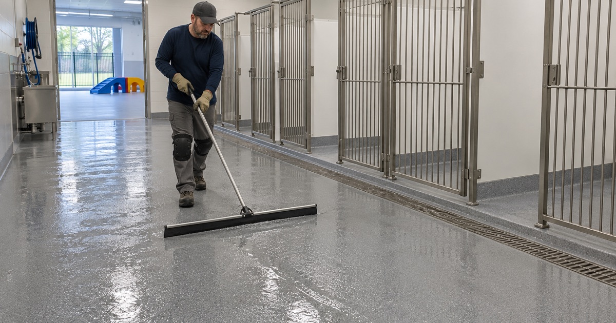 Wash water squeegeed to the trench drain across the coated kennel floor of a new dog daycare building in Burlington.