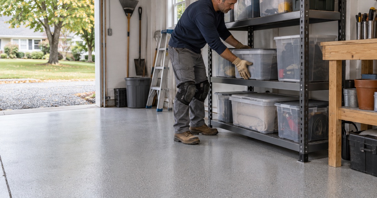 Feed and seed kept in sealed bins on a crack-free coated garage floor in Cedarburg