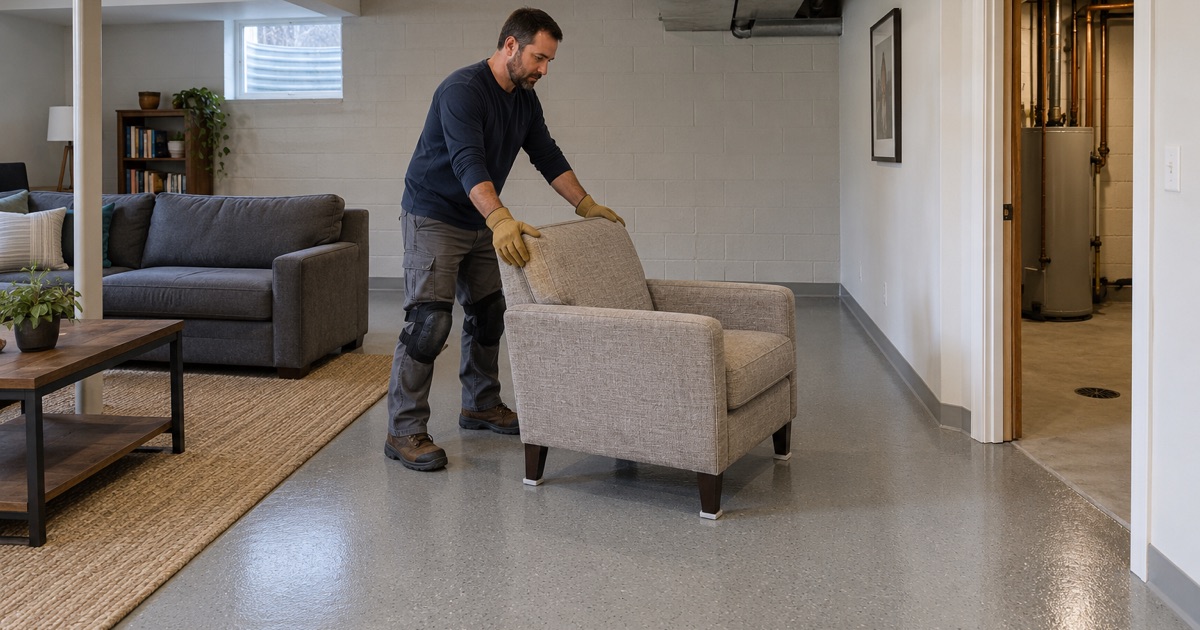 A thin resin floor laid straight on the slab of a Cudahy basement room, with no subfloor taking headroom
