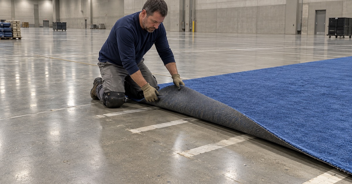 Exhibit carpet rolled back on a downtown Milwaukee convention hall floor, the tape strips underneath waiting to be removed.