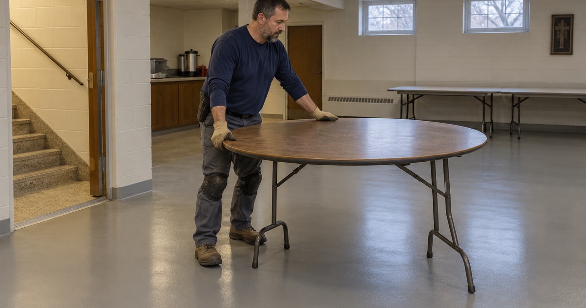 A new floor in a Greendale church’s lower-level room used by a child care program