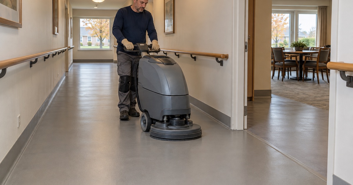 A coated, never bare, concrete floor in the corridor of a Hales Corners senior housing building