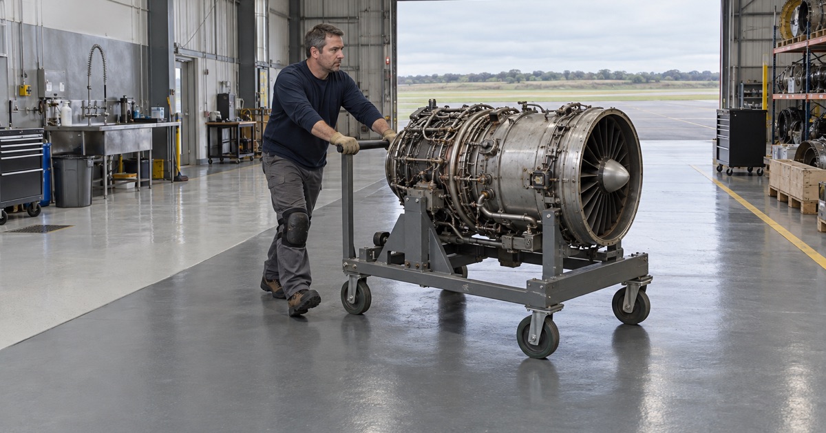 A turbine engine on its stand wheeled across the color-zoned floor of an engine repair shop at Hartford’s municipal airport.