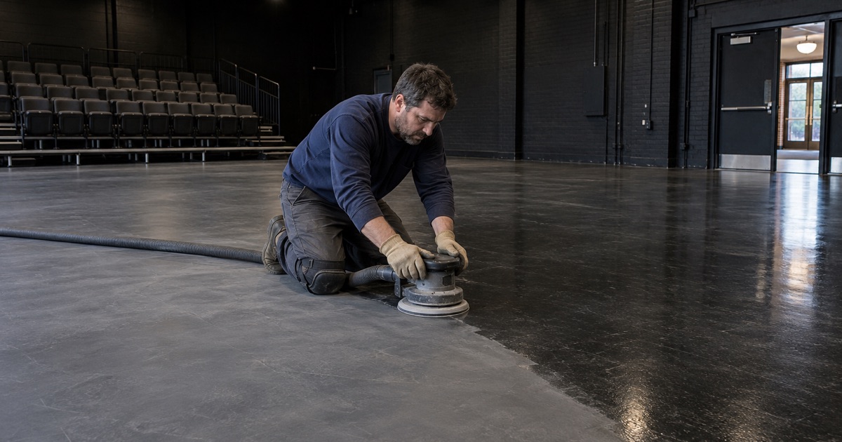 A glossy resin stage floor being scuff-sanded before the next coat of scenic paint in a Hartland black box theater.