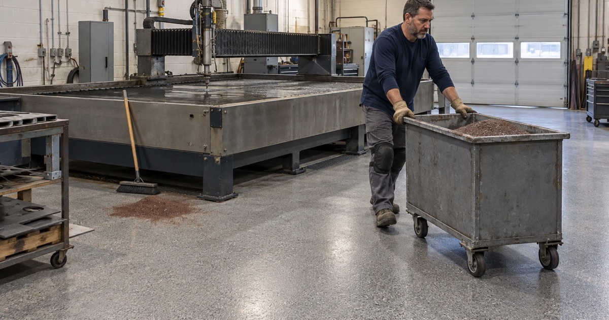 A tote of spent garnet wheeled away from an abrasive waterjet across the textured coated floor of a Menomonee Falls tool shop.