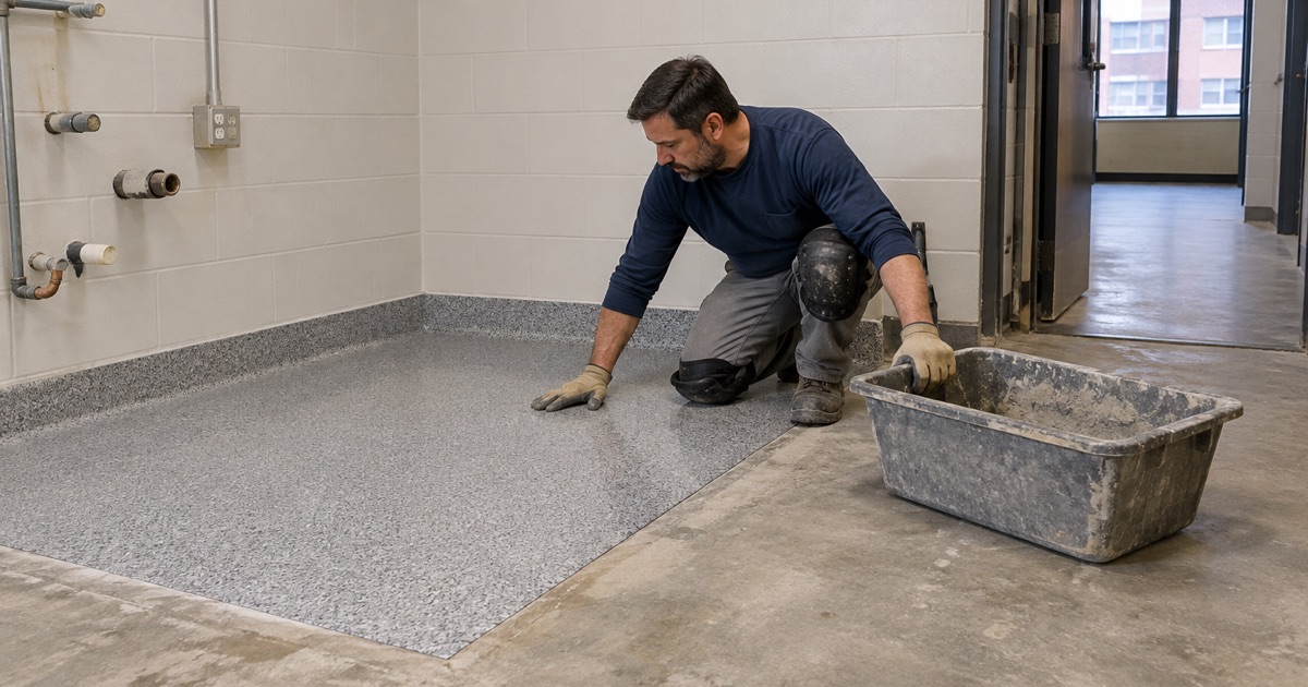A four-foot epoxy mortar mockup with its integral cove laid in the corner of a hospital lab room under renovation in Milwaukee.