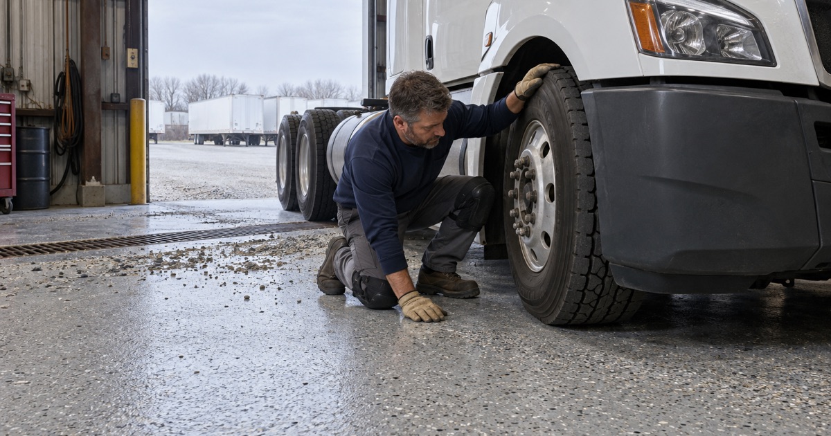 Stone and grit tracked in from a gravel yard across the broadcast-aggregate floor of a semi-truck repair bay in Oak Creek.
