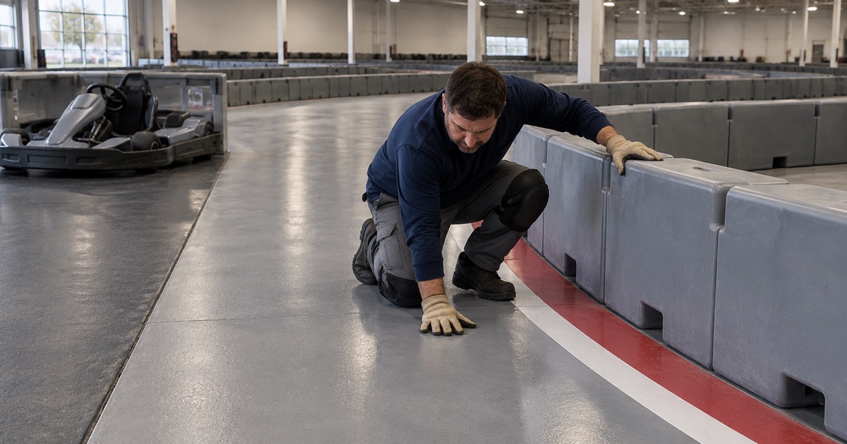 The smooth concrete surface of an indoor go-kart track in a former big box store in Pewaukee, checked along its barrier.