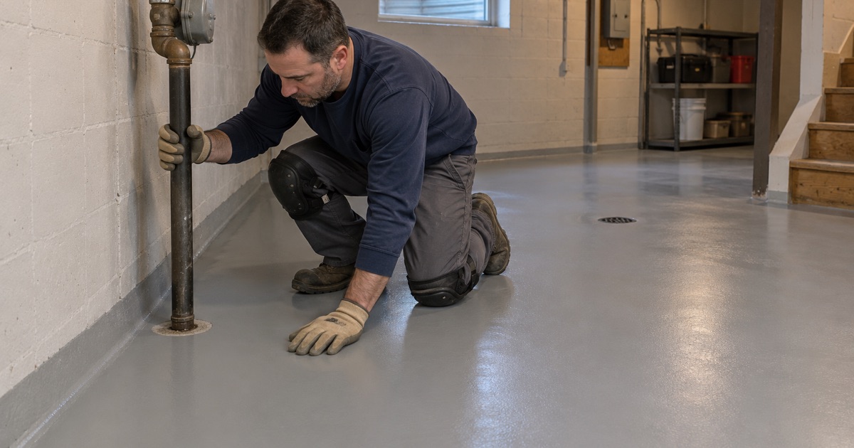 A basement floor coating stopped short of a pipe rising through the slab in a Richfield house on a private well
