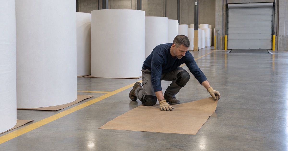 Kraft paper laid flat on a clean coated warehouse floor in Sussex before the next paper roll is set down on end.