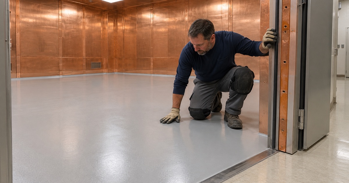 A seamless floor laid without a single anchor inside the copper-shielded MRI room of a Waukesha hospital.