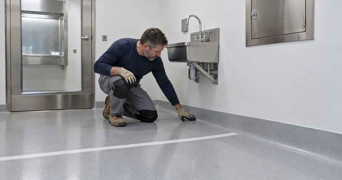 A seamless resin floor coved up the walls, with no floor drain, in the compounding anteroom of a Wauwatosa hospital pharmacy.