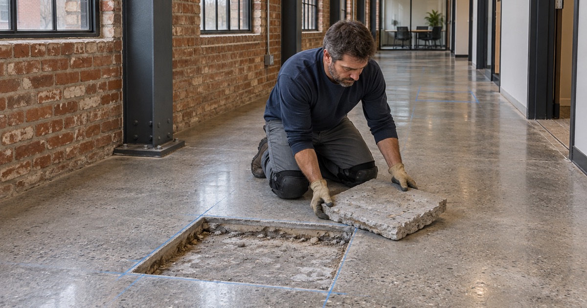 A hollow-sounding patch of old topping cut out of a converted factory floor in West Allis before the corridor is coated.