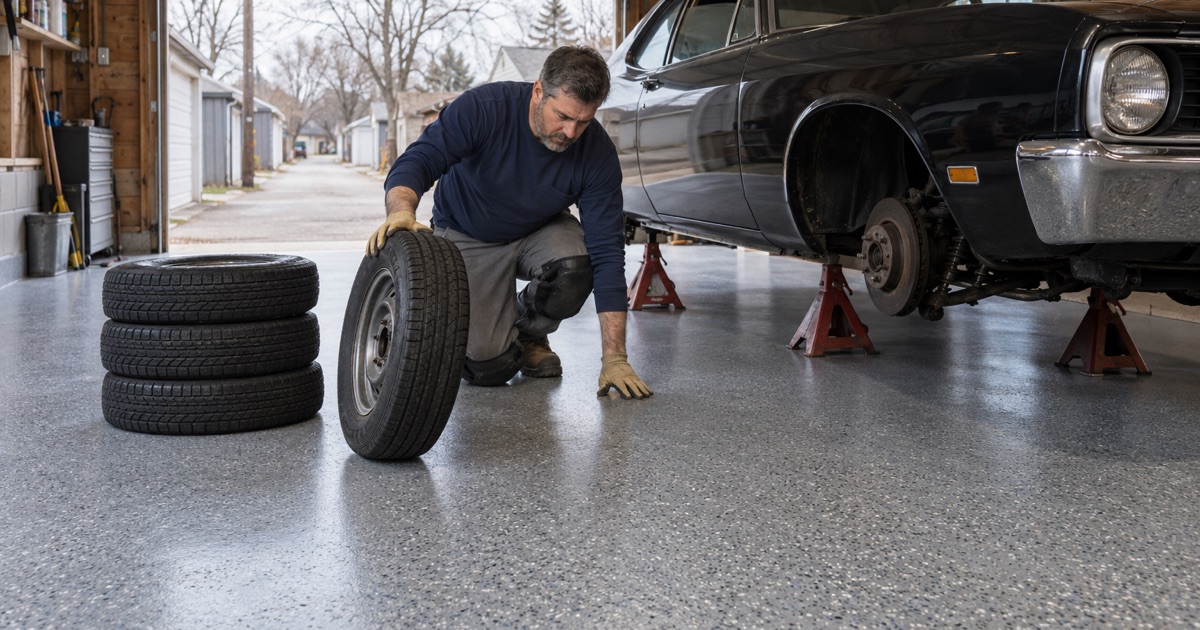 A project car laid up on jack stands on a coated garage floor in Whitefish Bay