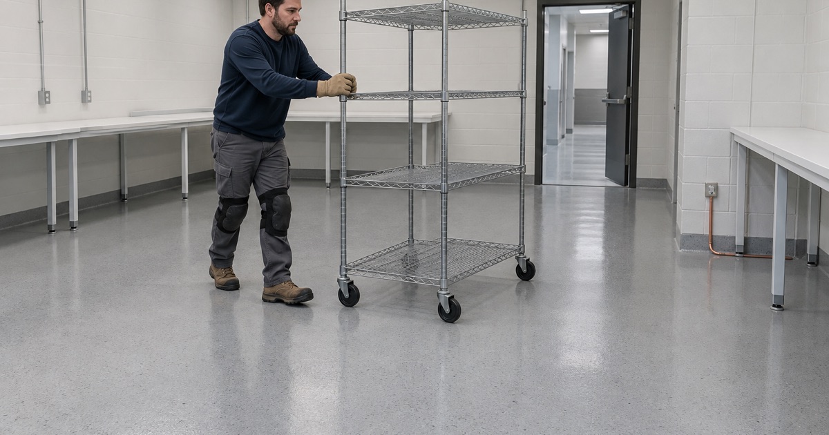 A parts rack rolled across a finished static-dissipative floor in an electronics assembly room in New Berlin.