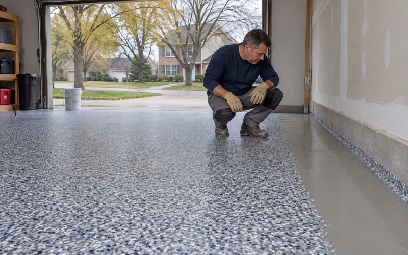 Dense vinyl flake settled into the base coat of a New Berlin garage floor, the installer checking the last strip of coverage.