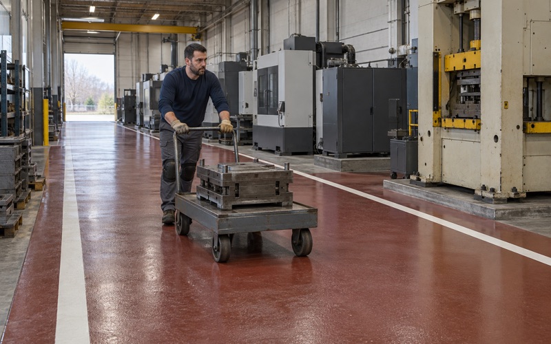 A die cart pushed down the urethane cement aisle of a metal-stamping plant in the New Berlin Industrial Park.