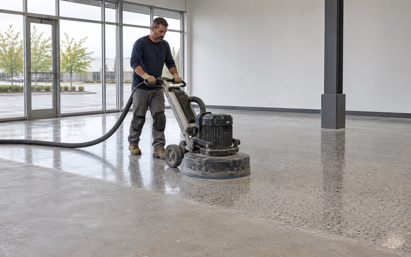 A walk-behind polisher bringing up a salt-and-pepper polished concrete floor in a New Berlin business park showroom.