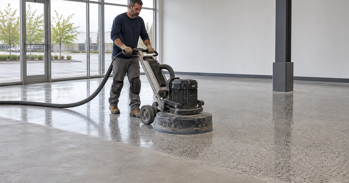 A walk-behind polisher bringing up a salt-and-pepper polished concrete floor in a New Berlin business park showroom.